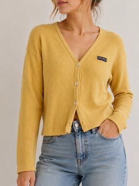 Vintage 90s Boca AU Cotton Ribbed Button Front Cardigan Yellow Made in Canada L